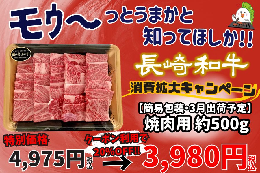 【簡易包装・3月出荷予定】〈送料お客様負担なし〉 長崎和牛 焼肉用　約500g