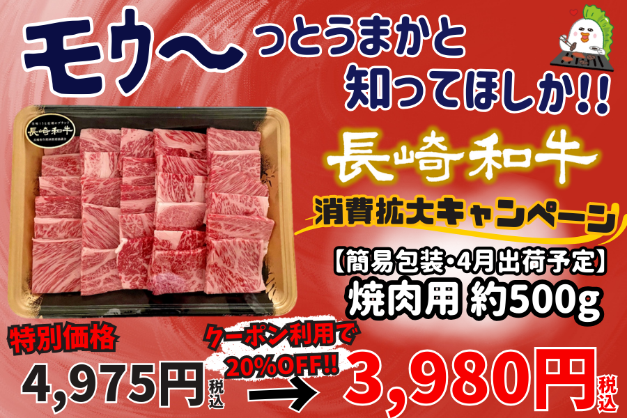 【簡易包装・4月出荷予定】〈送料お客様負担なし〉 長崎和牛 焼肉用　約500g